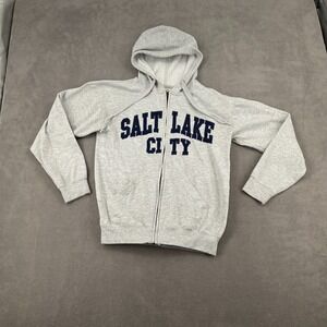 Y2K New York Popular Salt Lake City Hoodie Sz S Gray Cotton Fleece Lined Zip Up